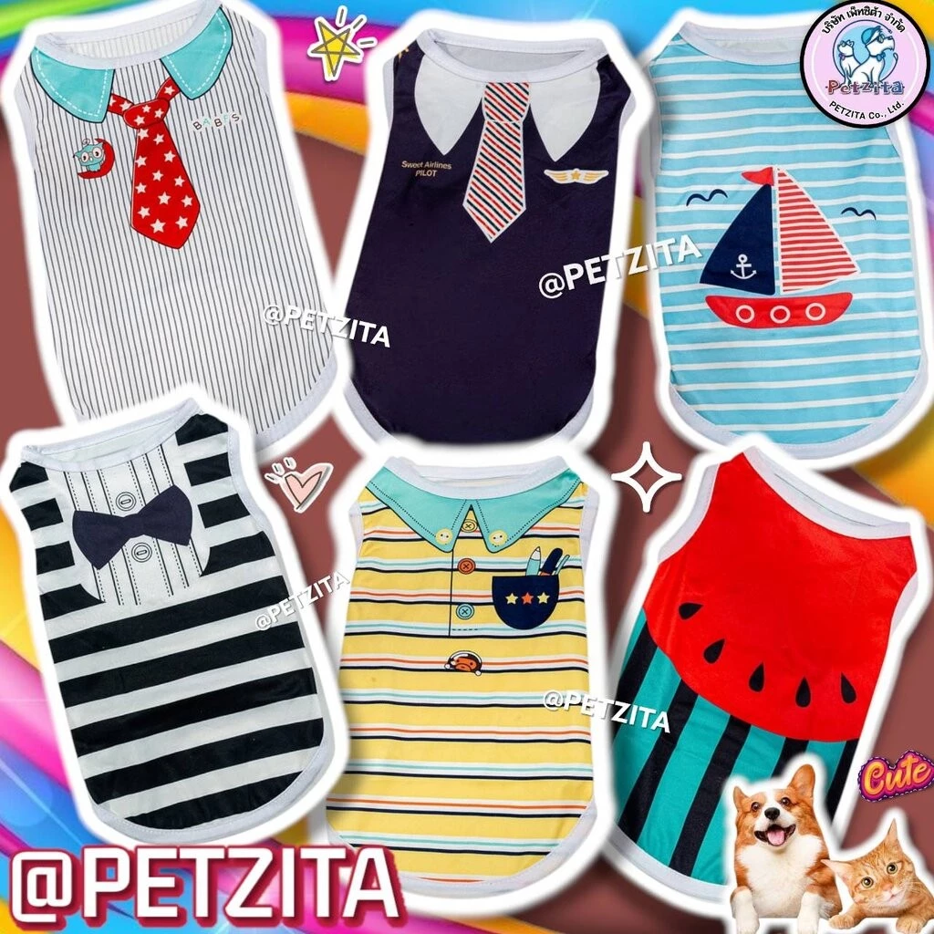🇹🇭พร้อมส่ง🇹🇭 👔👕 เสื้อแขนกุดสกีนลายแฟชั่นสุดน่ารัก ผ้ายืด for สัตว์เลี้ยง สุนัข หมา แมว