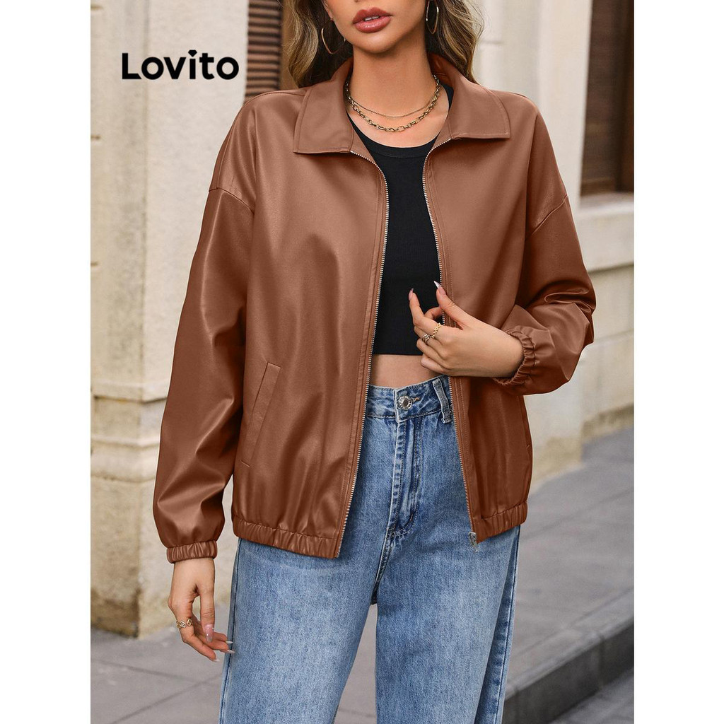 Lovito แจ็กเก็ตผู้หญิง มีซิปรูด สีพื้น สไตล์ลำลอง LNL65113