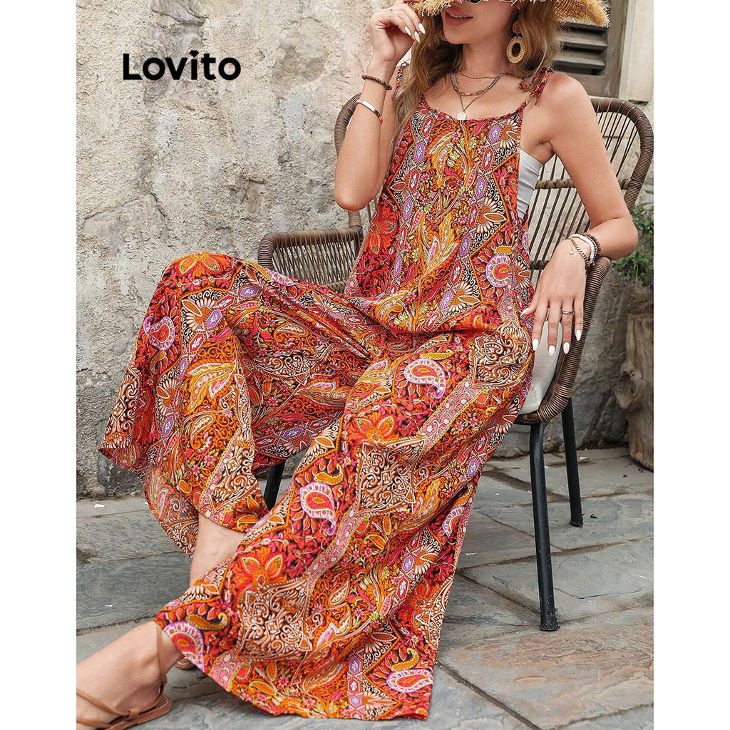 Lovito จั๊มสูทผู้หญิง ลายเพสลีย์ แบบผูกไหล่ มีกระเป๋า สไตล์โบโฮ LNE65287