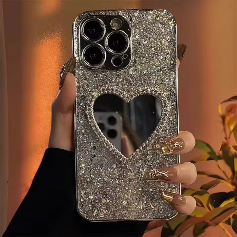 หรูหราBling Glitterชุบ3D Love HeartกระจกSequinsสําหรับiPhone 17 Pro Max 17 Air 16 14 15 13 12 11 Pro Max Plusฝาครอบป้องกันเลนส์