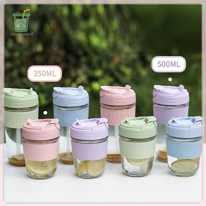 [สี] แบบพกพา 350/500ML ขวดน้ําแก้วฟางแก้วกาแฟถ้วยชา Drinkware Leakproof ถ้วยดื่มสําหรับเดินทางกลางแจ