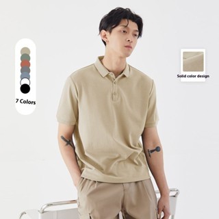 เสื้อยืดแขนสั้นคอปกโปโลสีทึบลําลองสําหรับผู้ชาย พอล เสื้อโปโ…