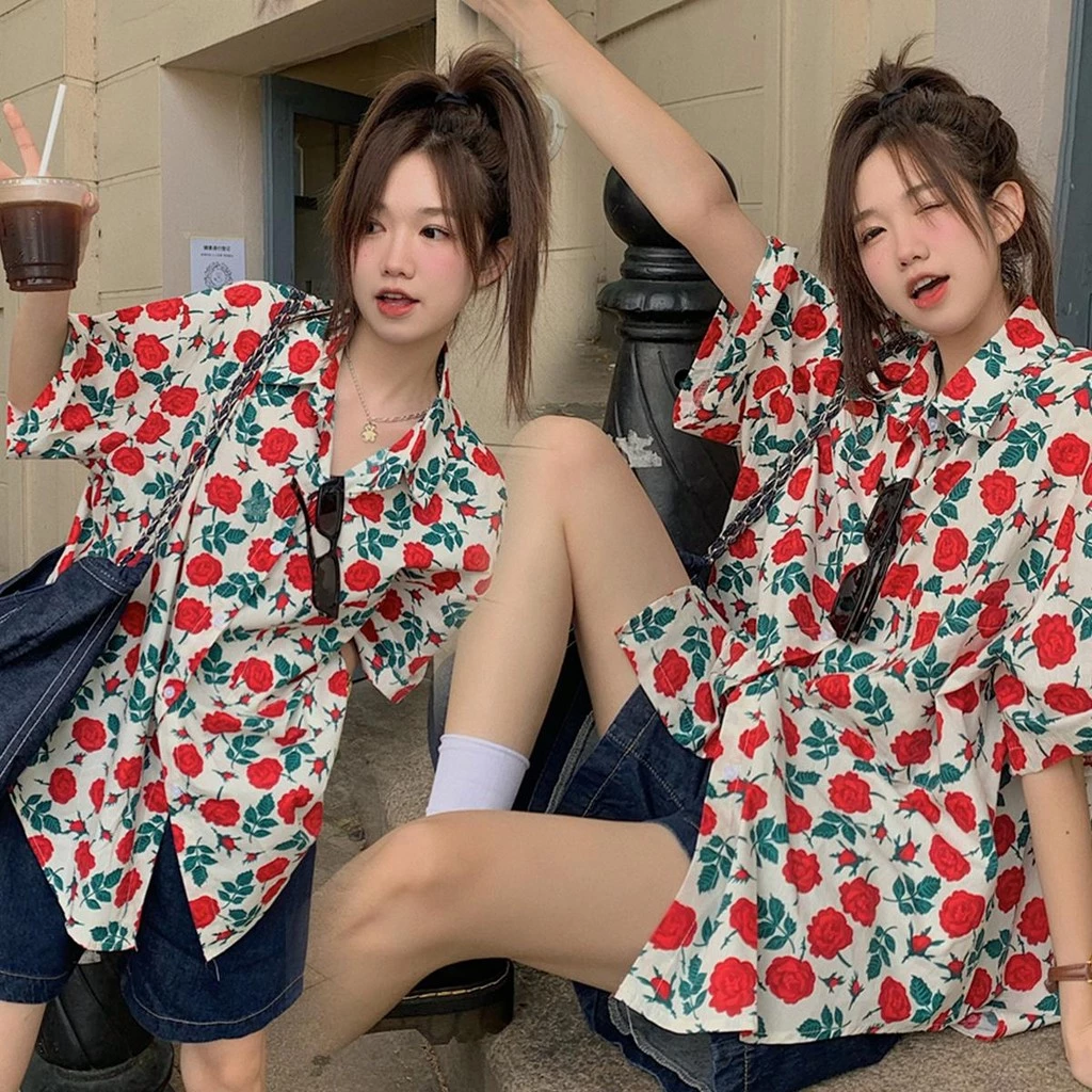 mimi&didi เสื้อเชิ้ตฮาวายลายดอกไม้แขนสั้น สไตล์เกาหลี W339