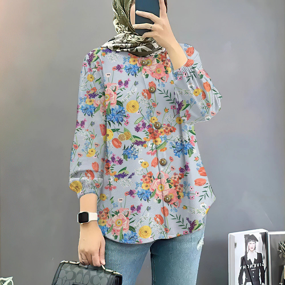 Baju Raya 2025 Vintage ดอกไม้ Muslimah เสื้อ Baju Muslimah เสื้อสไตล์หลวม Muslimah เสื้อแขนยาวสําหรับผู้หญิง