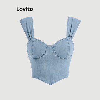 Lovito เสื้อเดนิมลำลอง สีพื้น แต่งพลีท สำหรับสตรี L58AD121 (น้ำเงิน)