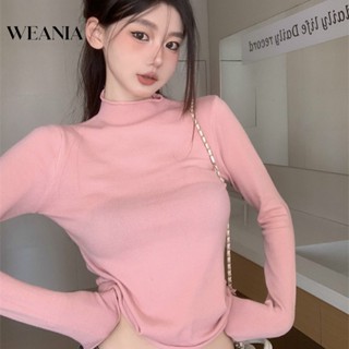 Weania เสื้อยืดแขนยาว คอสูง ผ้าถัก คุณภาพสูง แฟชั่นฤดูใบไม้ร่วง สําหรับผู้หญิง