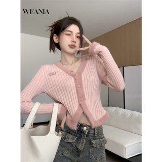 Weania เสื้อกันหนาว ผ้าขนแกะนุ่ม สีชมพู สไตล์หวานแหวว ฤดูใบไม้ร่วง สําหรับผู้หญิง