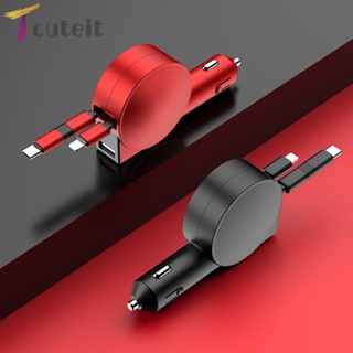 Tcuteit 3 in 1 อะแดปเตอร์ชาร์จโทรศัพท์มือถือ 60W พอร์ตคู่ สองสาย พับเก็บได้ สําหรับรถยนต์