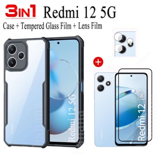 3in1 เคสโทรศัพท์ ฟิล์มกระจกนิรภัย กันกระแทก พร้อมฟิล์มเลนส์ สําหรับ Redmi 12 5G 12 4G Redmi Note 12S Note 12 4G 5G Note 12 Pro