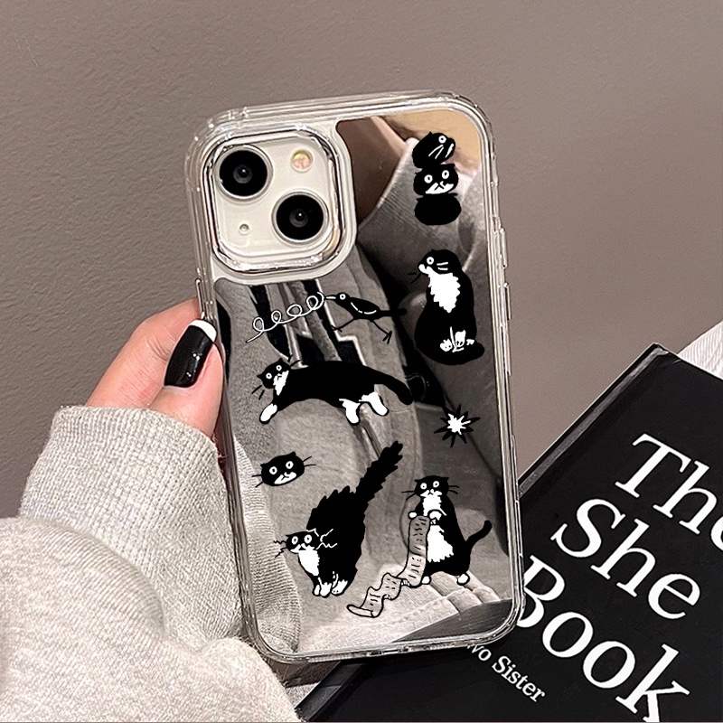 เคสโทรศัพท์ For iphone 11 12 13 pro 14 pro max 11 pro max 15 pro 13 pro 12 pro 15 pro max 14 15 กระจกเงา รูปแบบแมวดำ