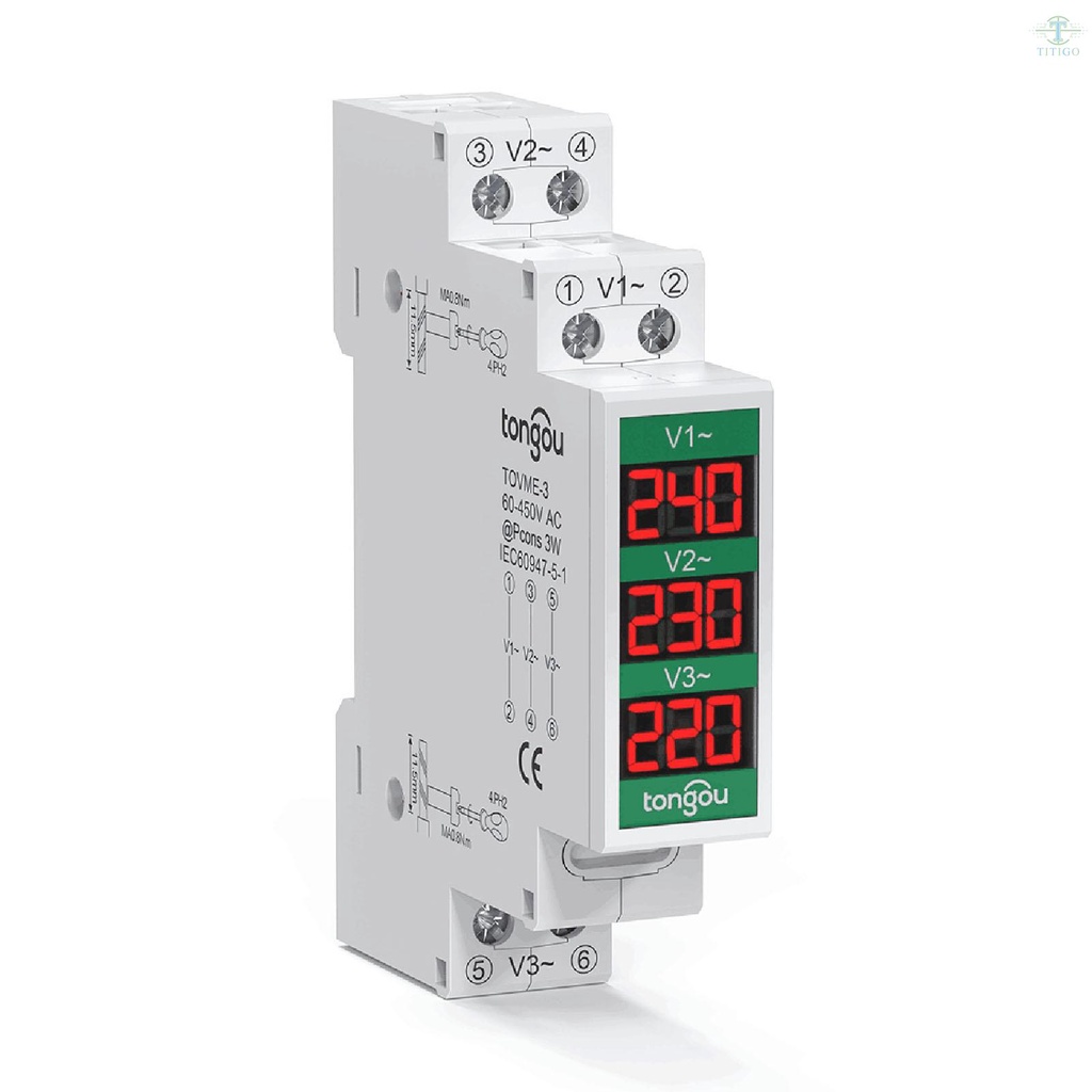 60-450V Three Phase Voltage Meter Modular Voltmeter Gauge 3 LED Digital Display Home Household Voltage Meter
