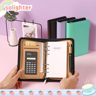 Solighter สมุดโน้ตบุ๊ก ปกหนัง PU ขนาด A6 มีซิป พร้อมเครื่องคิดเลข สําหรับสํานักงาน