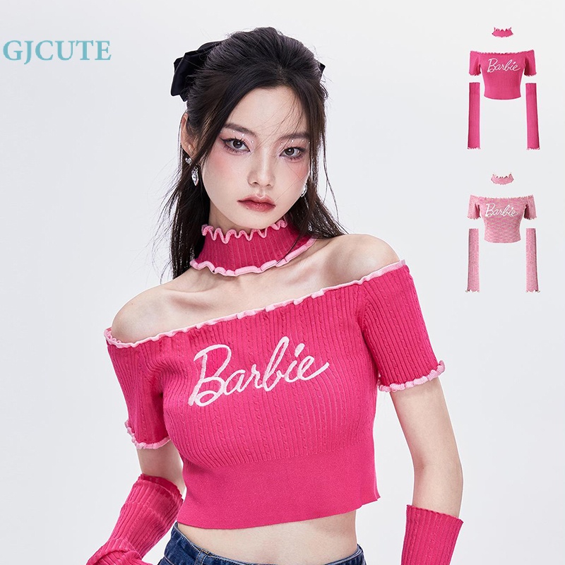 Gjcute Y2k เสื้อกันหนาว เสื้อครอป เปิดไหล่ ผ้าถัก สีชมพู สําหรับผู้หญิง WTD