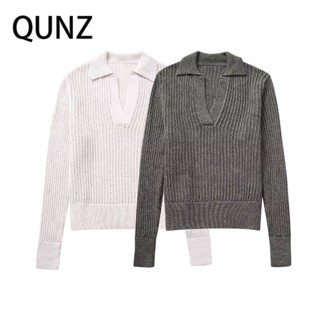 Qunz เสื้อถัก คอปก สีพื้น แฟชั่น 4043