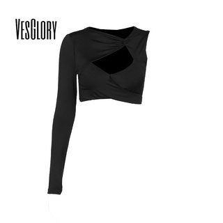 Vesglory เสื้อครอปท็อปแขนยาว คอกลม เข้ารูป สีพื้น แฟชั่นสําหรับผู้หญิง 2023