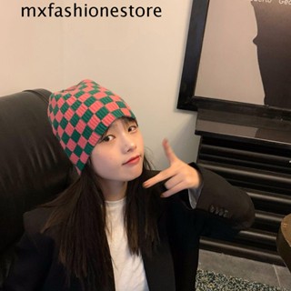 Mxfashione หมวกบีนนี่ ผ้าขนสัตว์ถัก ลายตารางหมากรุก น่ารัก เข้ากับทุกการแต่งกาย แฟชั่นฤดูหนาว สําหรับผู้หญิง