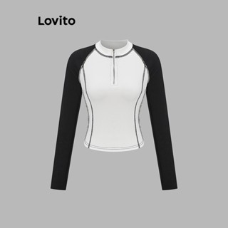 Lovito เสื้อยืดลําลอง ผ้าเย็บปะติดปะต่อกัน บล็อกสี มีซิป สําหรับผู้หญิง L61AD051 (สีขาว)