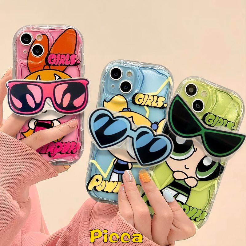 The Power.puff Girls เคสโทรศัพท์มือถือแบบใส ขอบโค้ง ลายหยัก 3D พร้อมที่ตั้งวาง สําหรับ IPhone 15 11 14 Pro Max 13 12 Pro Max 7 8 6s 6 Plus XR XS X Max SE 2020