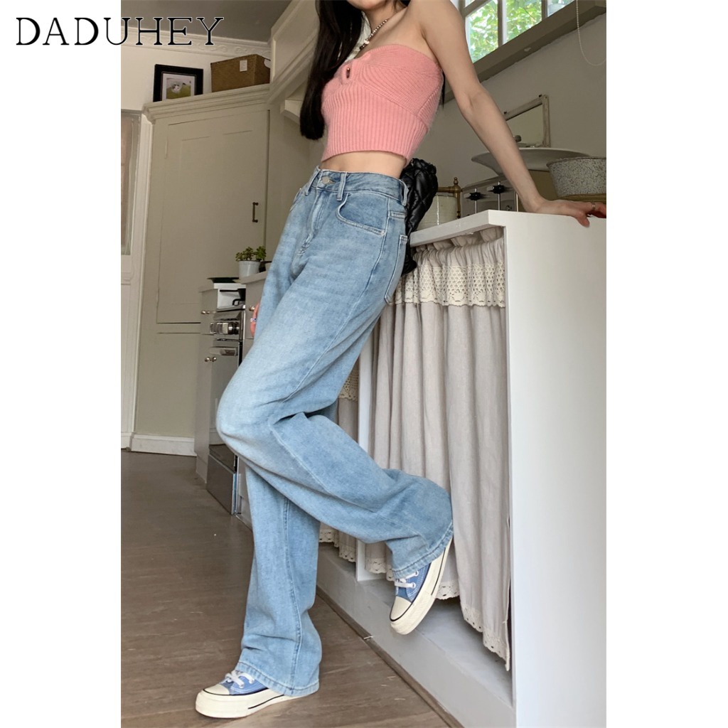 DaDuHey🎈 Women's American Style New High-Street Retro Loose Pants Fashion High Waist Wide Leg Straight Casual Mopping Jeans