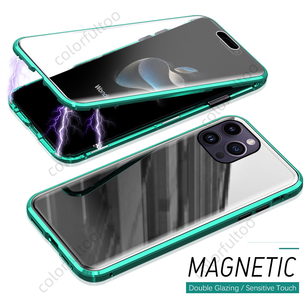 เคสโทรศัพท์มือถือกระจกนิรภัย แบบแข็ง ฝาพับแม่เหล็ก สองด้าน กันกระแทก สําหรับ iPhone 14 15 Pro Max 15Plus 14ProMax 15ProMax iPhone14 iPhone15