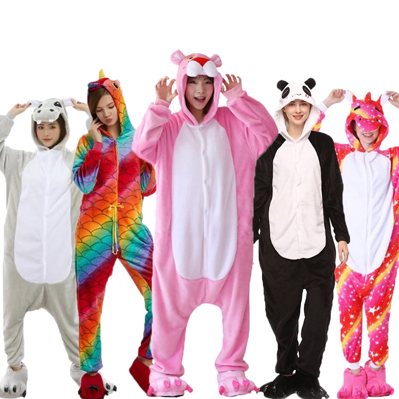ชุดนอนจั๊มสูท ผ้าสักหลาด ลายสัตว์ Pink Panther Kigurumi One-Piece น่ารัก เหมาะกับฤดูหนาว สําหรับผู้ชาย และผู้หญิง