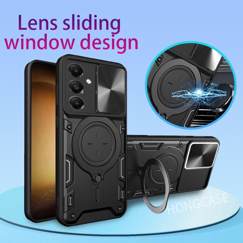 SAMSUNG เคสโทรศัพท์สําหรับSamsung Galaxy S24 FE 5G S24FE A16 A26 A36 A56 2024 สไลด์หน้าต่างปลอกกลับกันกระแทกกันชนรถยืนยึดนุ่มTPUขอบกล้องป้องกันฝาครอบ