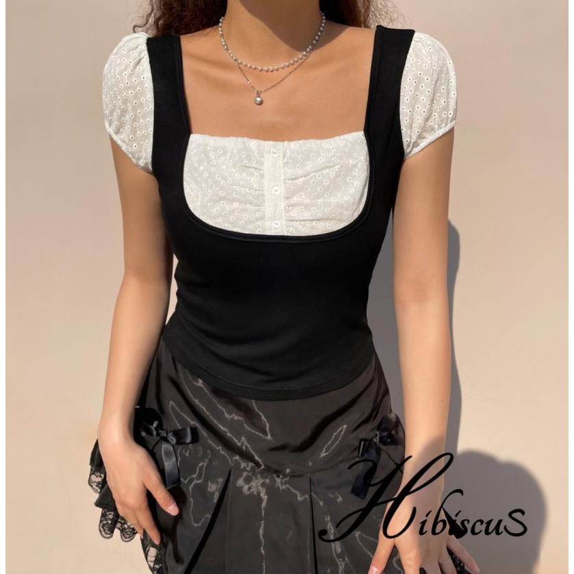Hibis- เสื้อยืดท็อปแขนสั้น คอสี่เหลี่ยม เข้ารูป สองชิ้น สําหรับผู้หญิง