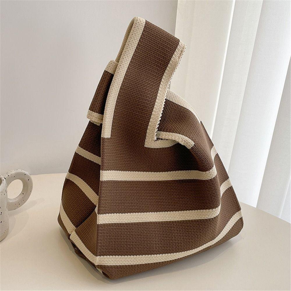 HOBBYIN Knit Handbag Reusable Casual Wide Stripe Handmade Plaid Tote Bag