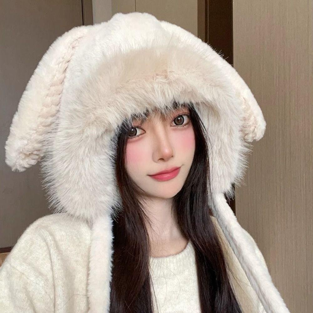 หมวกบักเก็ต ผ้าวูล แบบหนา แต่งหูกระต่ายน่ารัก ให้ความอบอุ่น แฟชั่นฤดูหนาว สําหรับผู้หญิง