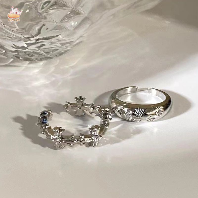 ✨✨ 1 ชิ้น เซต ชุดแหวนแฟชั่น ไม้กางเขน คริสตัล ปรับได้ เปิด แหวนเงิน สําหรับเครื่องประดับผู้หญิง【XINYIA】