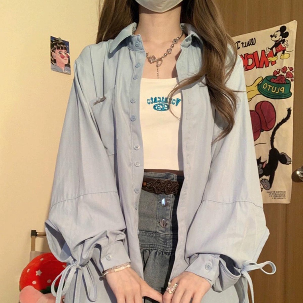 Anna W275 เสื้อเชิ้ดแขนยาวคอปก สีซัมเมอร์ผ้าไหมอิตาลีแฟชั่นเกาหลี สไตล์ ผูกเชือก การออกแบบ ผ้าบางใส่สบาย