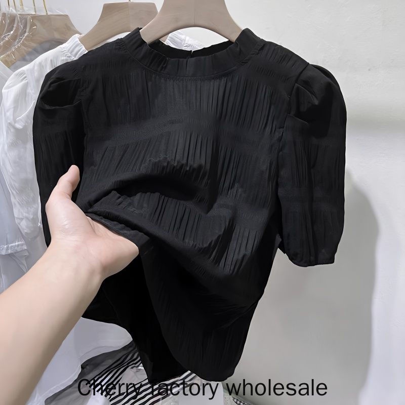 เสื้อเชิ้ตแขนสั้น ผ้าชีฟอง สีดํา สีขาว แฟชั่นใหม่ สําหรับผู้หญิง