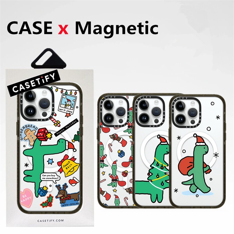 Casetifg เคสโทรศัพท์มือถือ ซิลิโคน PC แข็ง ใส กันกระแทก ลายไดโนเสาร์คริสต์มาสน่ารัก พร้อมกล่องชาร์จแม่เหล็ก สําหรับ iPhone 15 11 12 13 14 Pro Max