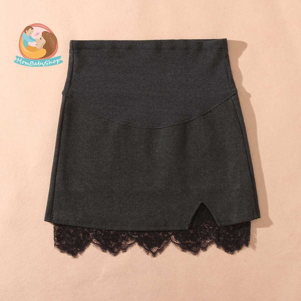 กระโปรงคุณเเม่ตั้งครรภ์สวมใส่สบาย ใส่เที่ยว สีดำทึบเเต่งลูกไม้ที่ชายผ้า