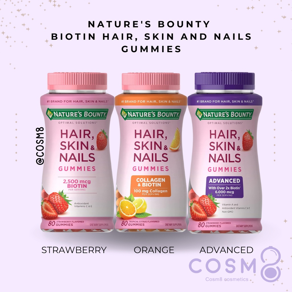 ✅พร้อมส่ง✅แท้ กัมมี่บำรุงผิว Nature's Bounty Vitamin Biotin Optimal Solutions Hair,Skin and Nails Gummies 80,140,200เม็ด