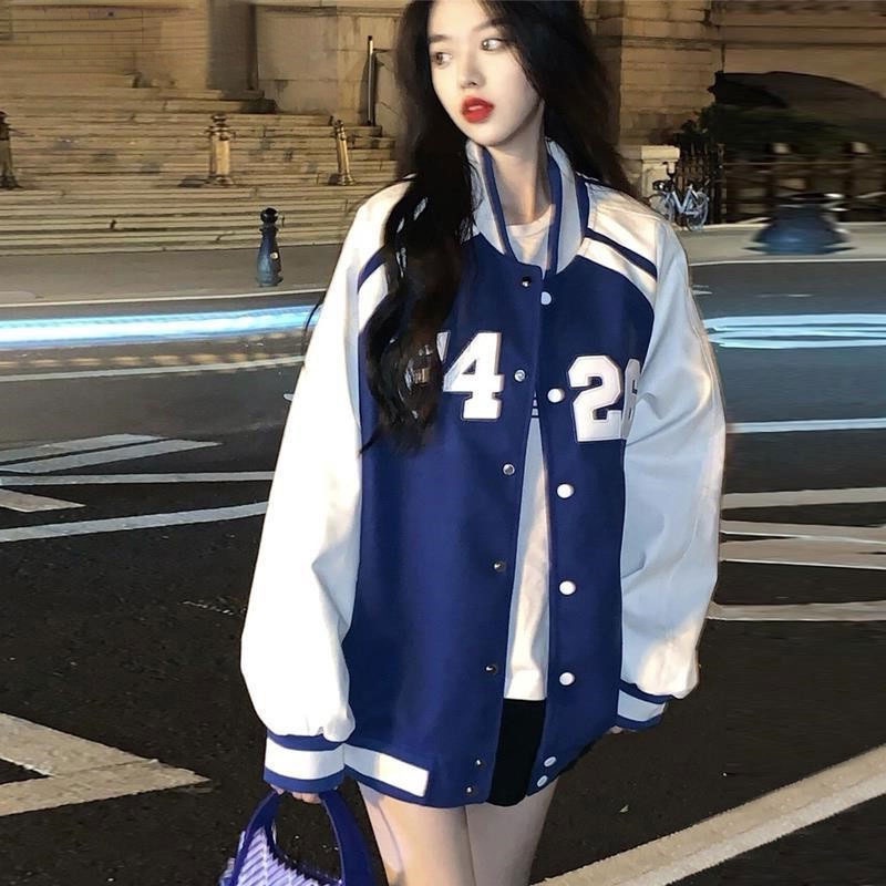 เสื้อแจ็กเก็ตเบสบอล แขนยาว สไตล์เกาหลี เรโทร แฟชั่นสําหรับผู้หญิง