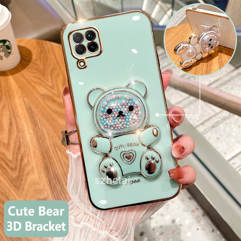 เคสโทรศัพท์ samsung a12 a22 m12 m22 เคสโทรศัพท์มือถือชุบนิ่ม ทรงสี่เหลี่ยม ลายหมีน่ารัก 3D พร้อมที่ตั้งวาง สําหรับ samsung a12 a22 m12 m22