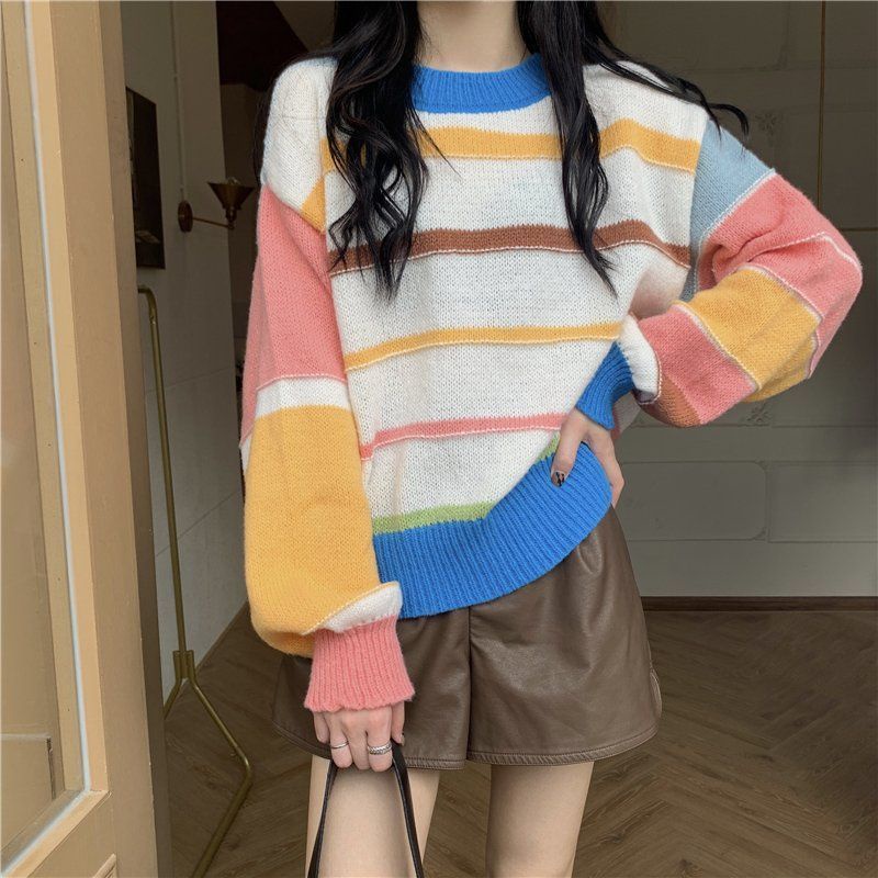 Floerns เสื้อกันหนาว คอกลม แขนยาว ลายทาง สีตัดกัน แฟชั่นสําหรับผู้หญิง