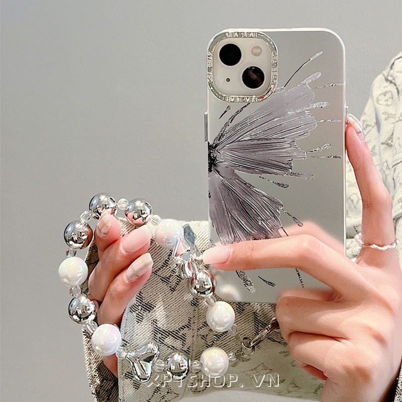 เคสโทรศัพท์มือถือแบบนิ่ม กันกระแทก ประดับลูกปัดผีเสื้อ สีเงิน สําหรับ iPhone 15 Pro Max 15 Pro 15 14 13 12 11 Pro Max