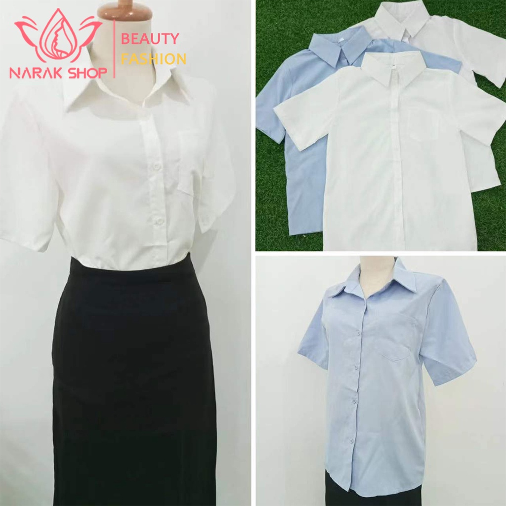 เสื้อเชิ๊ตแขนสั้นผู้หญิงนักศึกษา  รุ่นมีกระเป๋า ผ้านิ่ม ใส่สบาย คอปกกระดุม