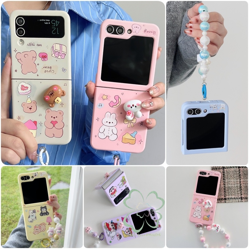 SAMSUNG หมุนการ์ตูนสัตว์ทาสีพลิกกรณี ซัมซุง กาแลคซี Z พลิก6 Z พลิก4 Z พลิก5 Z พลิก3ปลอกด้วยมุกสร้อยข้อมือฮาร์ดพีซีสาวสร้างสรรค์ผู้หญิงกันกระแทกฝา