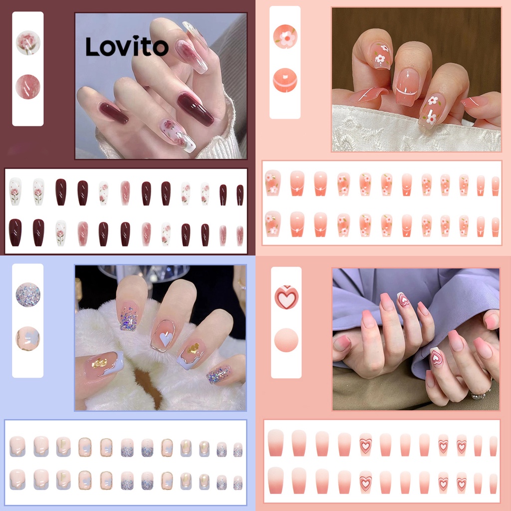 Lovito เล็บปลอม ลายหัวใจ แบบคัลเลอร์บล็อก สไตล์ลำลอง สำหรับผู้หญิง LFA11305