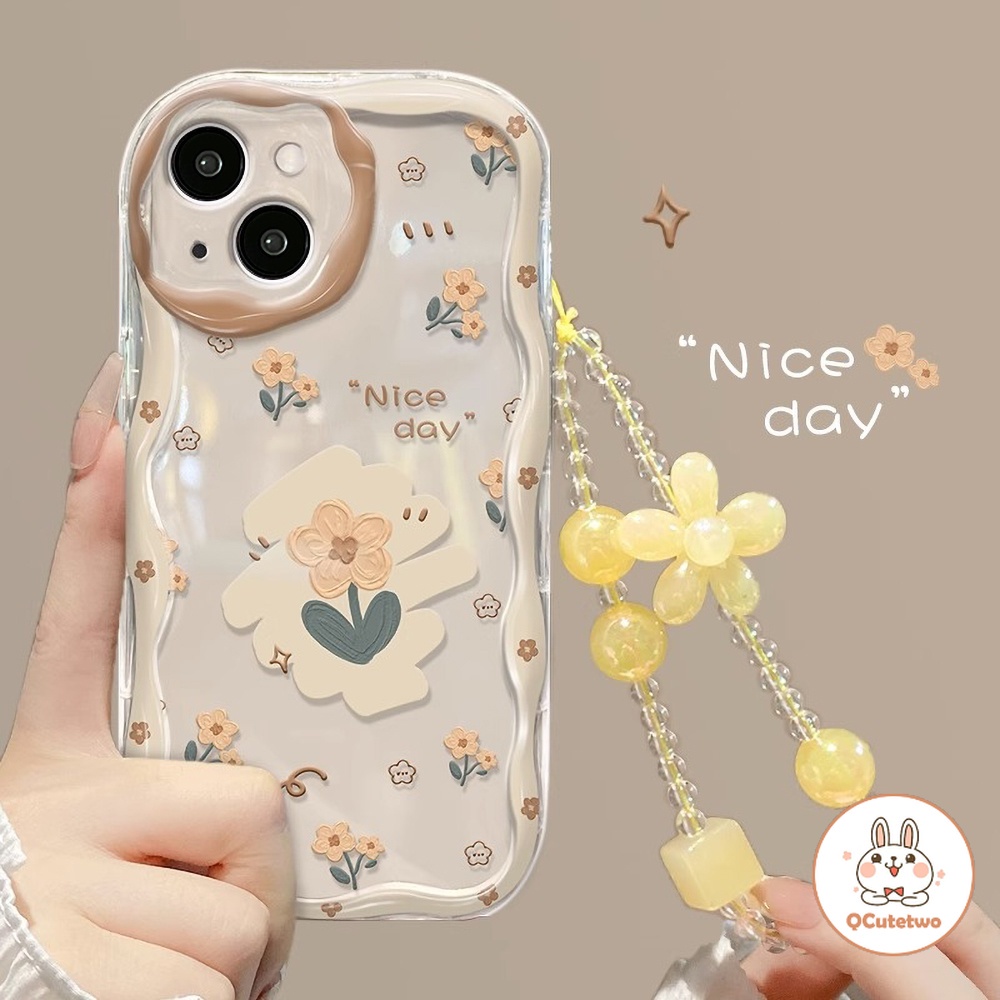 กรอบคลื่น INS สร้อยข้อมือดอกไม้เคสโทรศัพท์สําหรับ Iphone 11 15 14 13 12 Pro Max 7Plus 8Plus XR XS Clear กันกระแทกปกหลัง