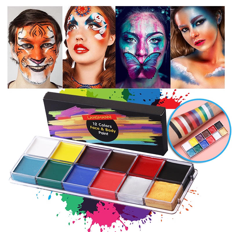 สีเพ้นท์หน้า สีเพ้นท์หน้าปาร์ตี้แฟนซี ชุดจิตรกรรม 12 สี สำหรับเด็กและผู้ใหญ่ ภาพวาดสีน้ำมันถาดสำหรับการแต่งหน้า