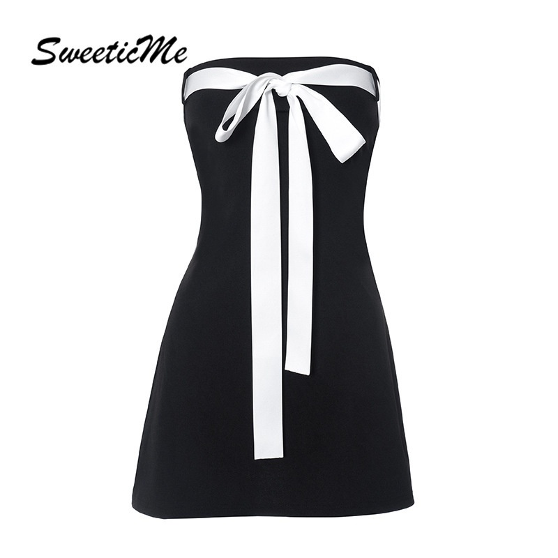 SweeticMe แฟชั่นผู้หญิงใหม่สีตัดกัน Bowknot เซ็กซี่เอวสูง Slim Fit มินิเดรส