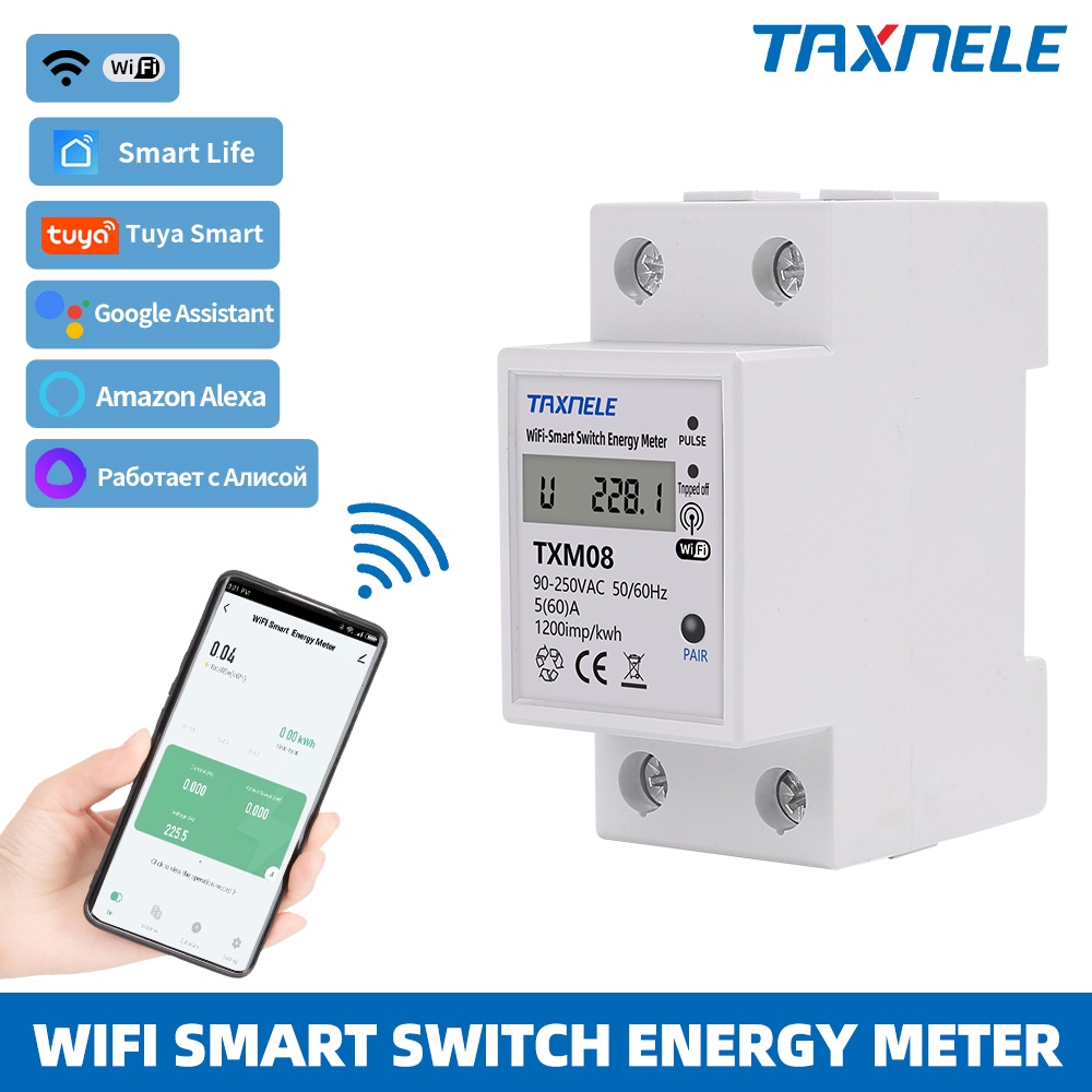 Taxnele TXM08 Tuya 60A WIFI สมาร์ท Energy Meter Power Monitor kWh Wattmeter 110V 220V Smart Life