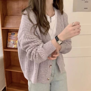 สไตล์เกาหลี วินเทจ สีพื้น เสื้อคาร์ดิแกนแขนยาว ลําลอง สําหรับผู้หญิง