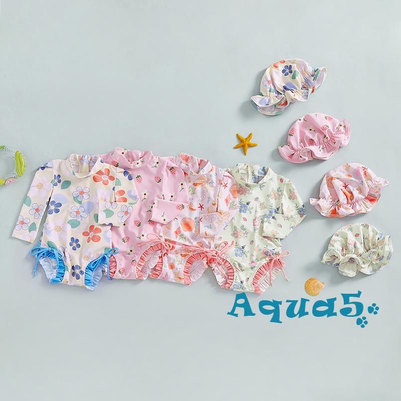 อุ๊ย-เด็กสาวผื่นยามชุดว่ายน้ําดอกไม้/เชลล์พิมพ์แขนยาวม็อกคอชุดว่ายน้ําพร้อมหมวก2ชิ้นชุด