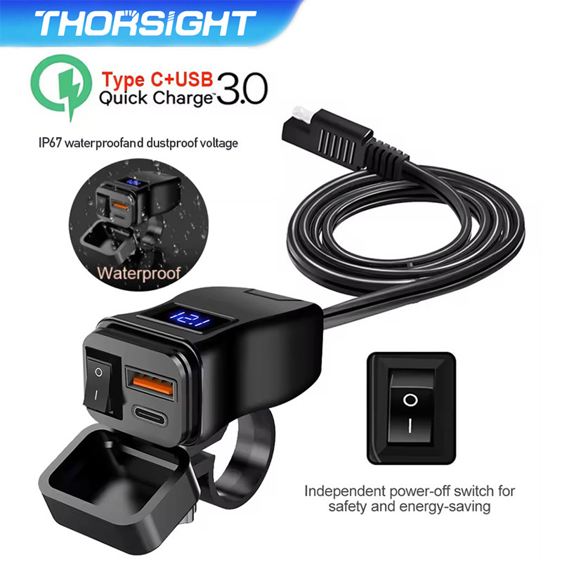 Pd QC3.0 รถจักรยานยนต์ USB เครื่องชาร์จไฟมอเตอร์ไซค์แบบเร็ว ซ็อกเก็ตพอร์ต Type C จอแสดงผลโวลต์มิเตอร์พร้อมสวิตช์