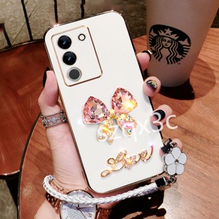 ใหม่ เคสโทรศัพท์มือถือชุบคริสตัล ลายผีเสื้อ 3D พร้อมสายคล้องมือ สีพื้น สําหรับ VIVO V29 Y78 Y27 Y36 Y02 Y02A Y02T V27 V27e V25e V25 5G